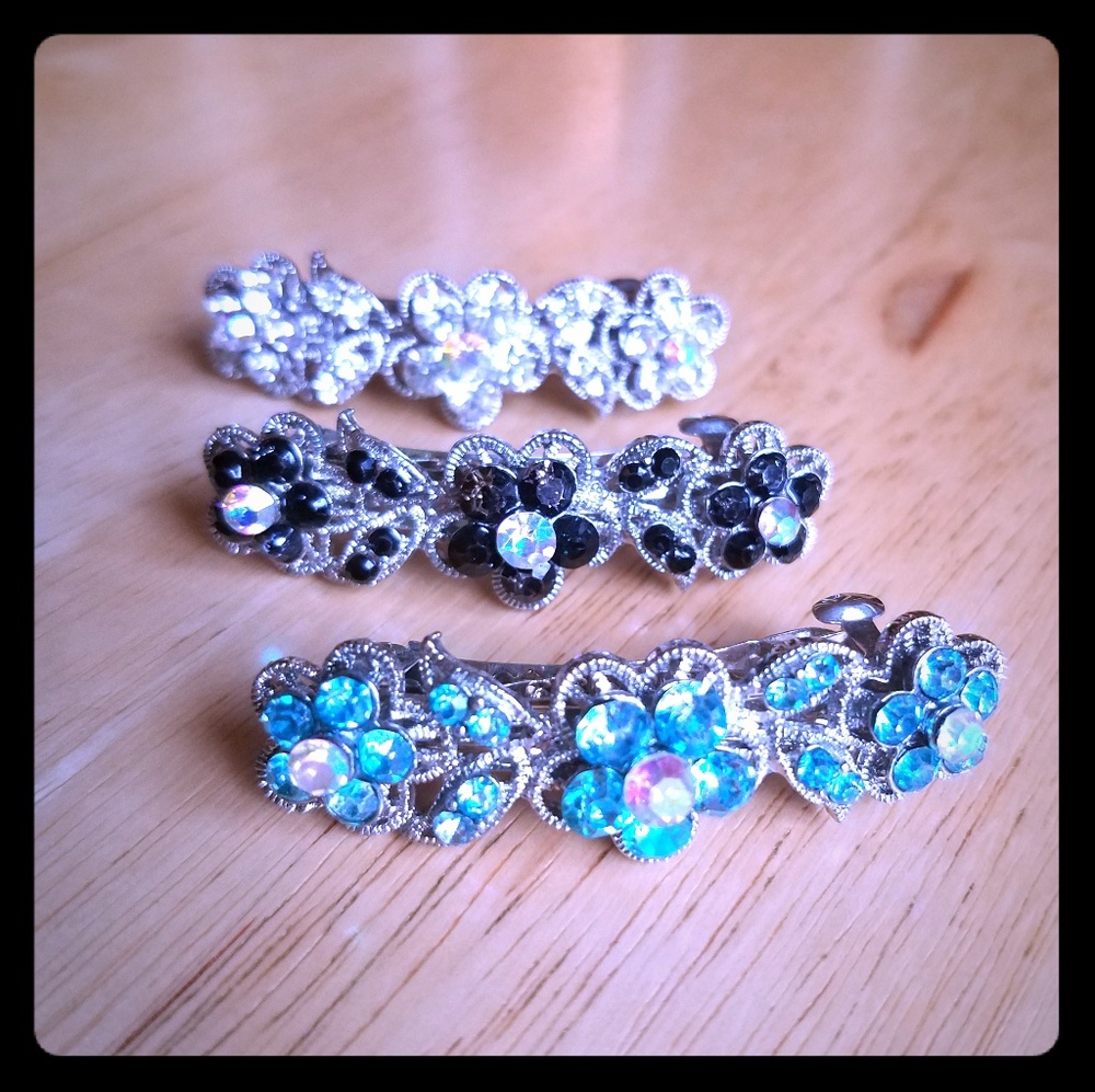 3 Small Floral Rhinestone Barrettes